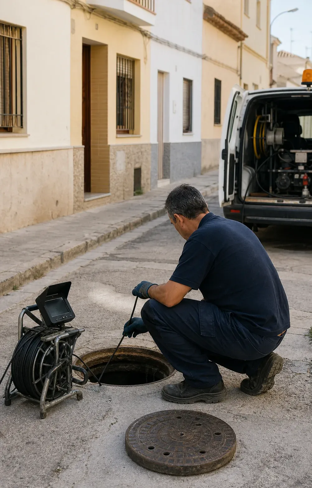 Profesional realizando una inspección con cámara en una red de saneamiento